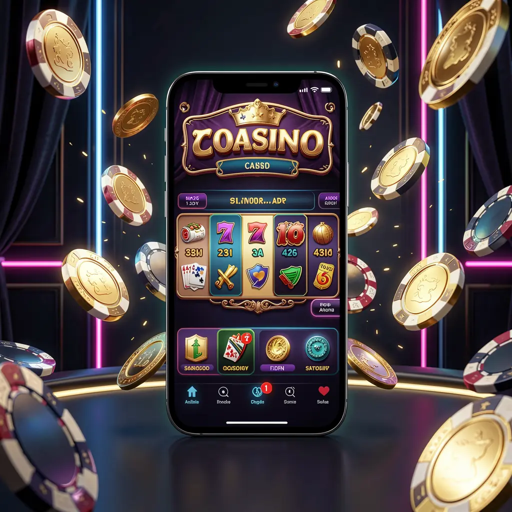 1PPPP online casino mobile app hero banner showing a modern smartphone with a glowing casino interface, golden coins and poker chips flying around against a dark luxury background with neon accents