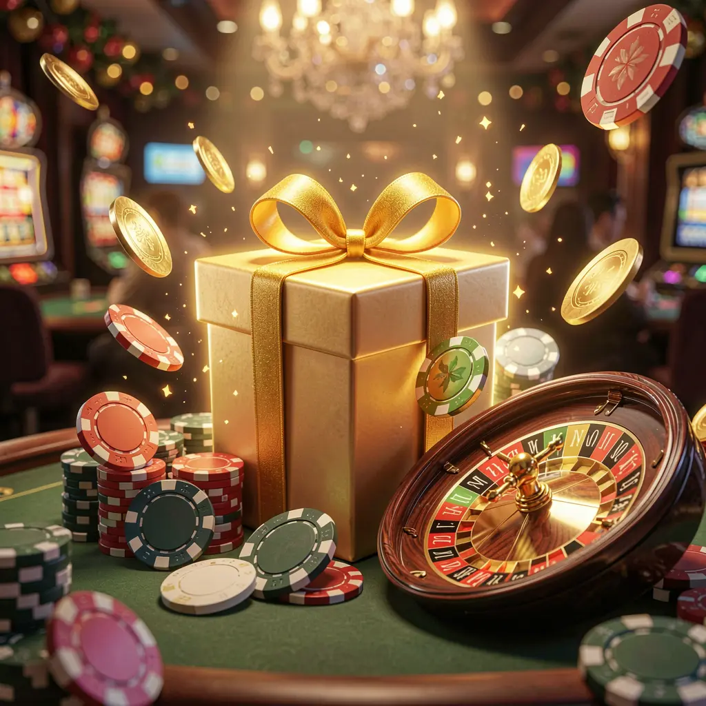 1PPPP welcome bonus visual featuring a glowing gift box, roulette wheel, poker chips, and flying coins in a festive casino atmosphere with cinematic lighting and high detail