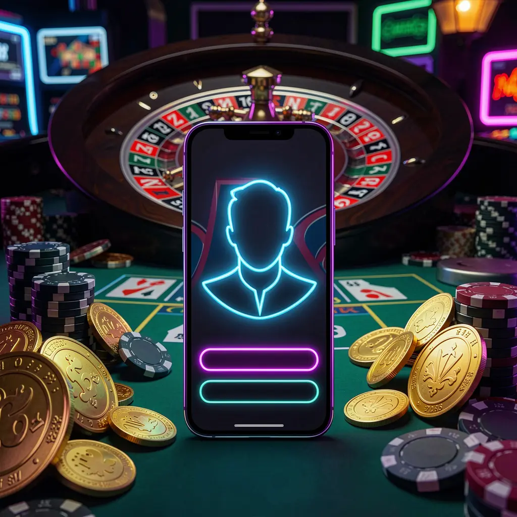 1PPPP online casino login screen featuring a modern phone with a glowing profile icon, roulette lights in the background, golden coins and poker chips in a premium dark neon atmosphere
