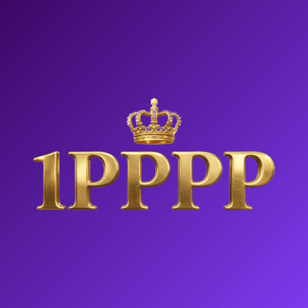 Luxury 1PPPP brand logo with a gold metallic crown above the letters, featuring a royal design and wide horizontal rectangular wordmark on a transparent background