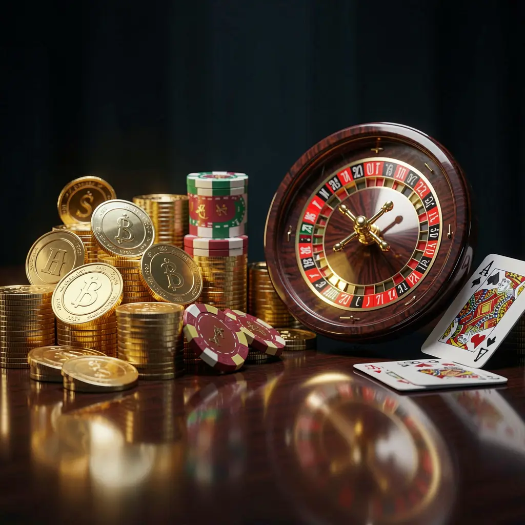 1PPPP premium online casino banner featuring golden coins, glowing chips, a roulette wheel, and cards on a glossy table with an elegant dark background in a high detail realistic 3D render